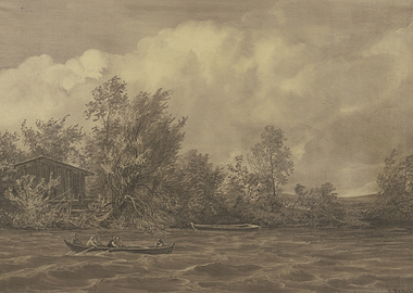 Rowboat on a River with a Cabin