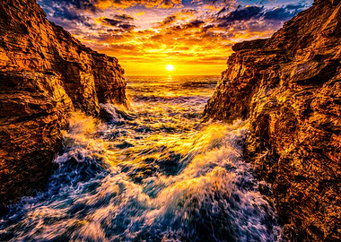 Dramatic Sunset Over Crashing Waves