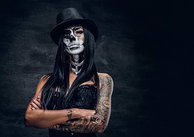 Woman with Skull Makeup and Top Hat