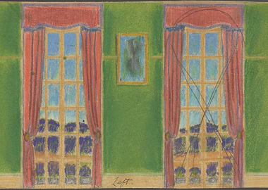 Interior scene with windows and curtains