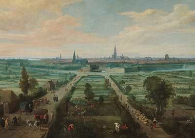 Panoramic View of a Cityscape and Countryside