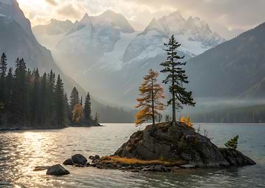 Foggy Mountains at Lake Island Sunrise Nature