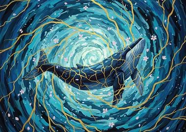 Kintsugi Whale in a Swirling Blue Vortex