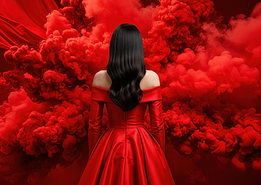 Woman in Red Dress Amidst Red Smoke