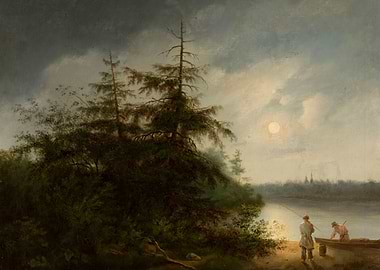 Fishermen by the Moonlit Lake