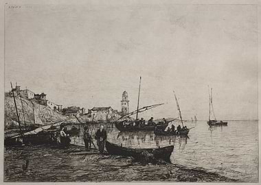 Coastal Town with Boats and Figures