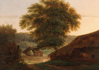 Pastoral Farm Scene with Thatched Roof Barn