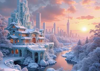 Enchanting Ice Castle Cityscape at Sunset