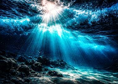 Underwater Sunbeams on Rocky Seabed