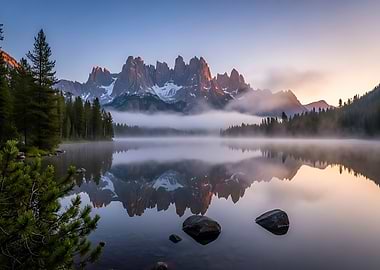 Foggy Mountains at Lake Sunrise Reflection Nature