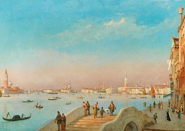 Venetian Canal Scene with Bridge and Gondolas