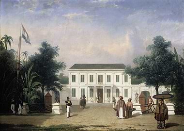 Colonial Residence with Figures and Flag