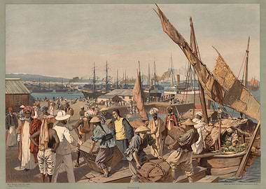 Busy Port Scene with Ships and People
