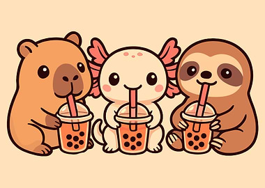 Cute Bubble Tea Animals Poster, Capybara Axolotl Sloth Boba Art, Kawaii Wall Print