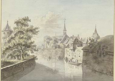 Watercolor painting of a European cityscape by a river