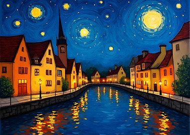 Starry Night Cityscape Painting