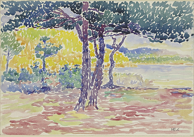 Watercolor Landscape with Trees and Water