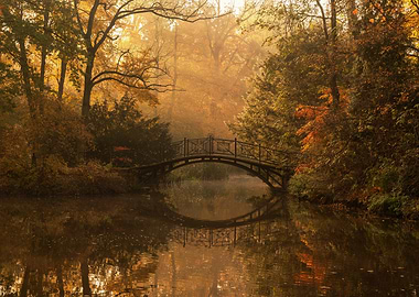 Autumn bridge over a misty lake