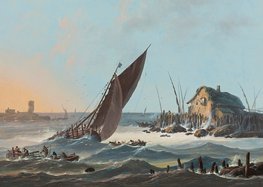 Boats in Rough Seas Near a Coastal Dwelling