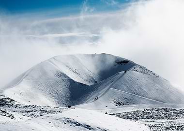 Snowy Mountain Landscape with Hikers