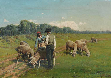 Shepherds with Sheep in a Field