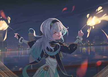 Anime Girl with Sparklers at Night