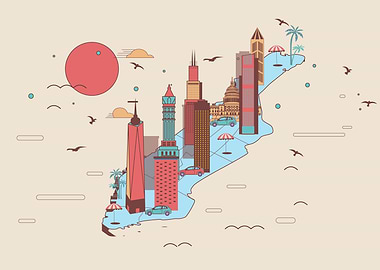 Stylized Cityscape on a Map Outline