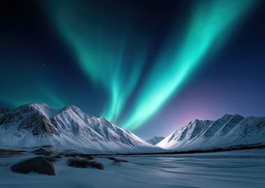 Aurora Borealis over Snowy Mountains