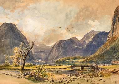 Mountain Lake Landscape with Bridge