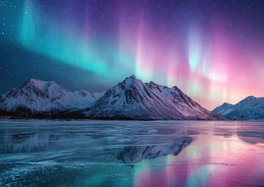Aurora Borealis over Snowy Mountains