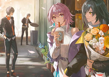 Anime characters with drinks and flowers