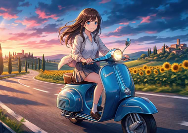 Anime Girl Riding a Blue Vespa Scooter