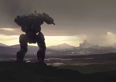 Giant Mech overlooking a futuristic city