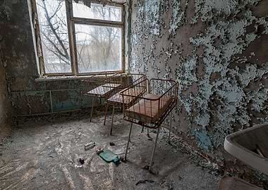 Abandoned nursery with rusty cribs in the hospital of Pripyat