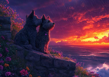 Two dogs watching a ocean sunset