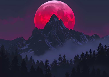 Crimson Moon Over Snowy Mountains