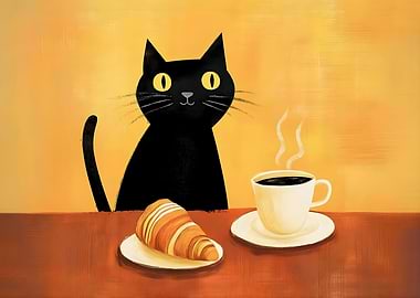 Black cat with coffee and croissant