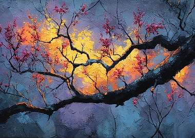 Vibrant Cherry Blossoms on a Dark Branch