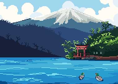 Pixel Art Japanese Landscape with Ducks