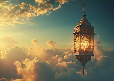 Ornate Islamic Lantern Hanging in Clouds