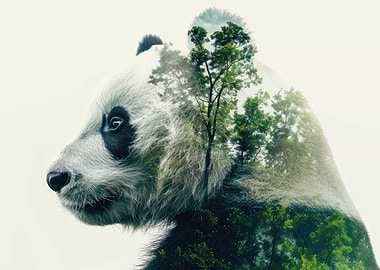 Panda and Forest Double Exposure