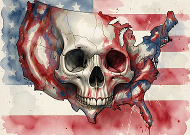 Skull USA Flag Watercolor