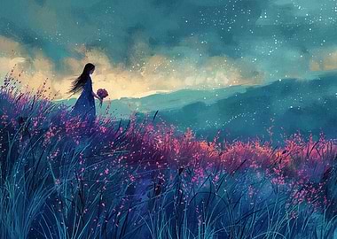 Girl in a field of flowers at dusk