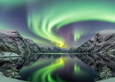 Aurora Borealis over Snowy Mountains and Lake
