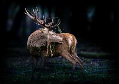 Majestic Stag Grooming in Dark Forest