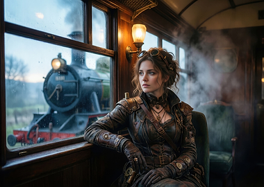 Steampunk Woman on a Train