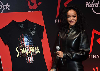 Rihanna in Leather Jacket with Signed T-Shirt