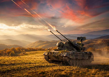 Tank Firing in Mountain Landscape