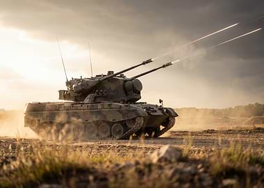 Tank Firing Missiles at Sunset