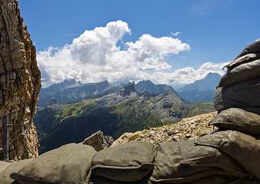 Mountain trench with sandbags and view - Passo Falzarego - Italy
